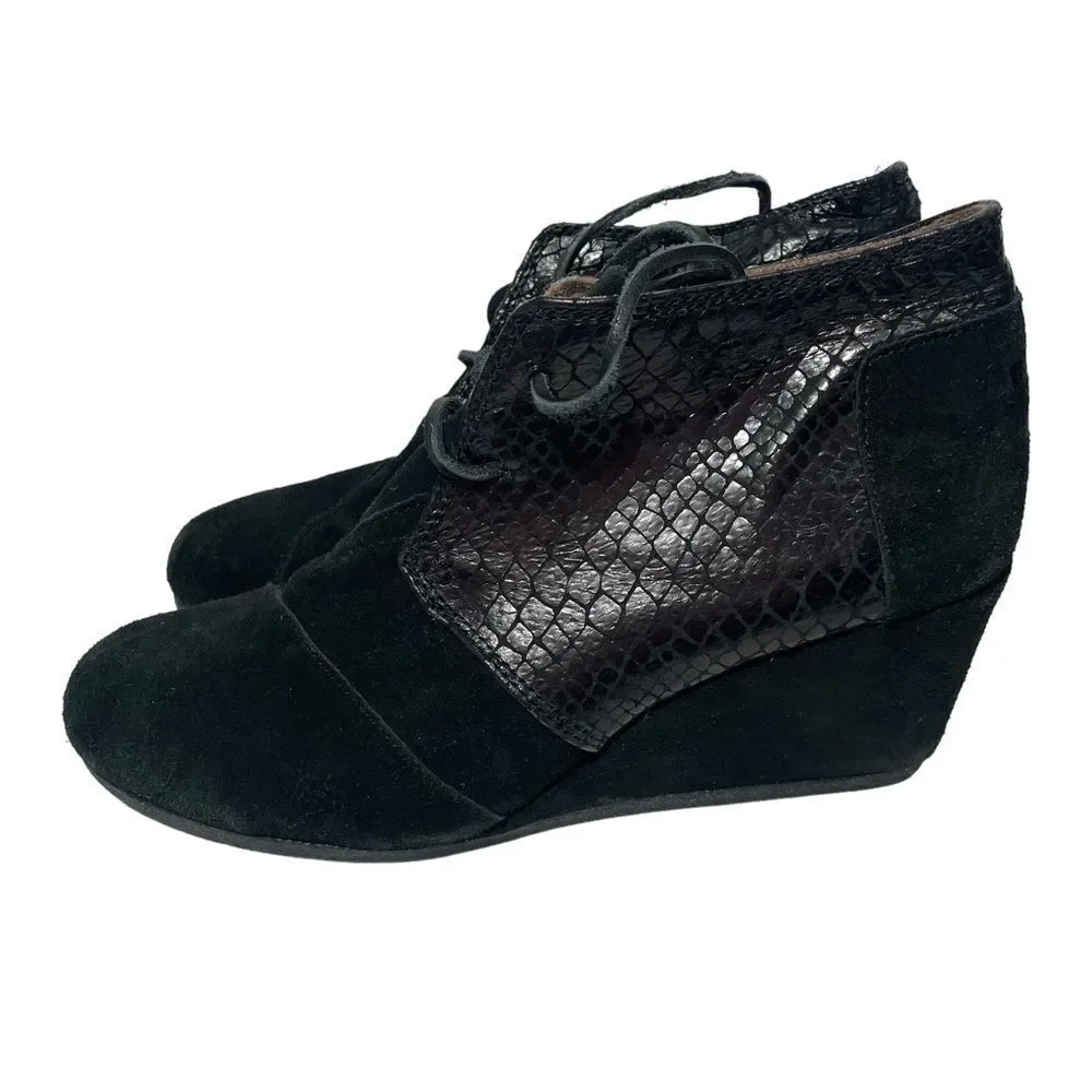 Toms Black Snakeskin Wedge Booties